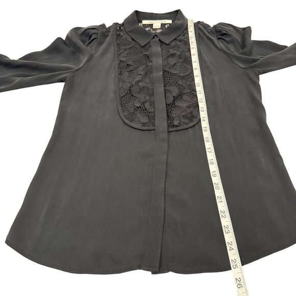 Diane von Furstenberg Lucia Lace Bib Silk Black Blouse Size 4 - Picture 9 of 9